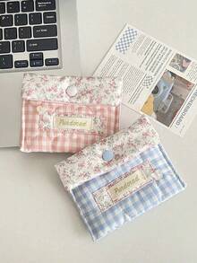Un sac de rangement à carreaux roses et bleus frais et minimaliste à la mode avec motif floral, sac de serviettes hygiéniques portable de haute qualité, convient aux étudiants pour les sorties - Multicolore - Voir 2
