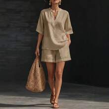 2026 Spring/Summer European And American Solid Color V-Neck Linen-Cotton Casual Top And Shorts Two-Piece Set - trắng - Xem 9
