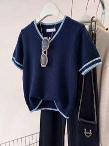 时尚圆领纯色短袖针织上衣 - 藏蓝色 - 查看 1