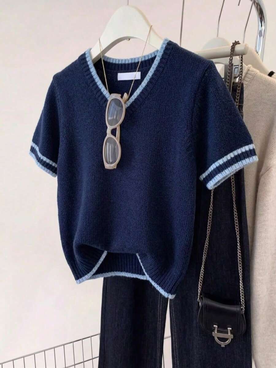 时尚圆领纯色短袖针织上衣 - 藏蓝色 - 查看 1