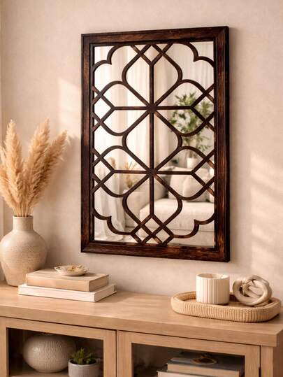 Espejo de pared de madera vintage decorativo, espejo con marco tallado rústico y estilo granja, decoración de pared bohemia estética para sala de estar, dormitorio, entrada y baño, espejo de acento con patrón geométrico, marco de madera marrón cálido, espejo colgante, idea de regalo de decoración del hogar para inauguración de la casa, boda, Día de la Madre, estilo interior acogedor neutro, decoración de pared de estilo granja y cottage