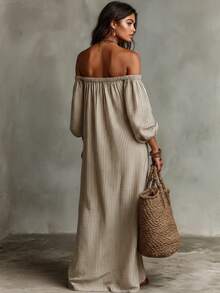 Women's Striped Off Shoulder Maxi Dress Puff Sleeve Loose Fit Casual Dress With Pockets Summer Boho Beach Vacation Long Dresses For Women - 條紋 - 查看 2