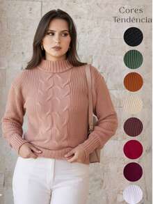 Women's Cold Temperature Sweater High Neck Wool Puff Sleeve Knitted Tricot Braids - Beige - View 5