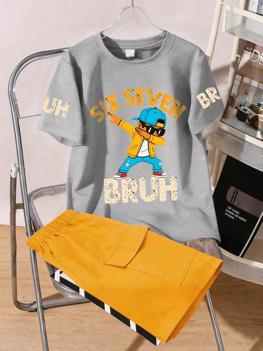 2 Potong Pakaian Kasual Anak Laki-Laki, Kaos Lengan Pendek Kerah Bulat dan Celana Pendek dengan Motif Angka dan Kartun yang Menarik, Cocok untuk Pakaian Musim Panas - Grey - View 1