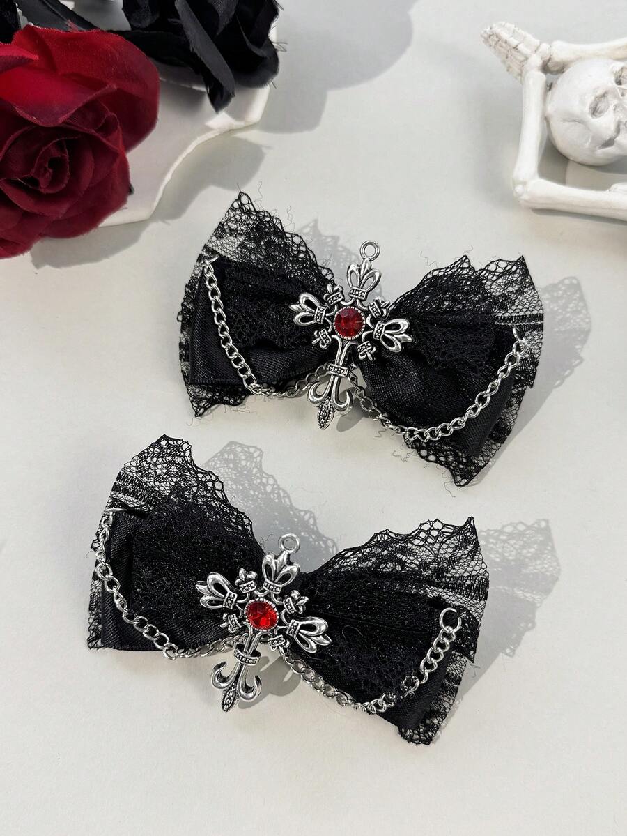 2pcs Gothic Style Lace Ribbon, Dark-Colored Cross Chain Hair Clips & Accessories, Suitable For Holiday Outfits And Daily Wear For Gothic Fashion Enthusiasts,Summer,Travel, Head Accessories - Black - View 1