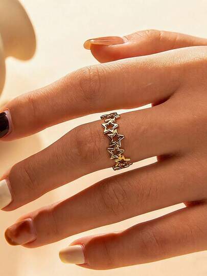 MONALLY Anillo ajustable abierto de acero inoxidable con estrella hueca chapado en oro de 18K, joyería de estilo punk delicada para mujer, accesorio de uso diario, fiesta y regalo
