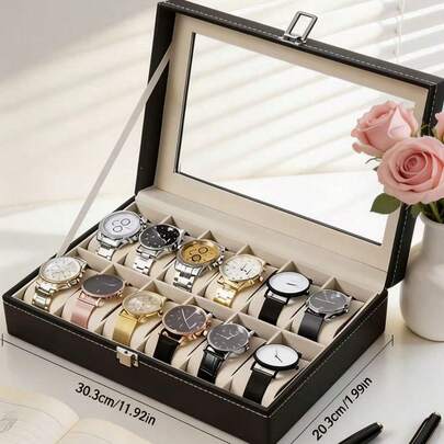 12/6/3/2 Slots Luxury Large Capacity Watch Storage Box, Watch Display Case, Watch Organizer, Watch & Bracelet Display Stand, Suitable For Men And Women, Mechanical And Electronic Watches. Elegant Black PU Leather Shell With Safety Dividers, Perfect Gift Display Box. Home Organization, Room Decor, Unisex Gift