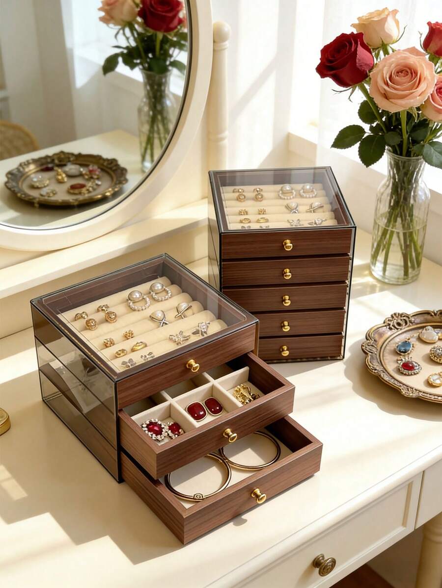 1pc 5/3/1 Tier Jewelry Box With Cover, Gold Drawers - European Brown Luxury Storage Box, Suitable For Necklaces, Bracelets, Earrings, Rings - Dust-Proof & Scratch-Resistant, Velvet Tray Set, Suitable For Home Use