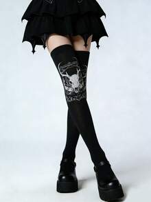 1 Pair Gothic Style Black & White Ripped Mesh Thigh High Socks, Hollow Out Over-The-Knee High Stockings - Black - View 7