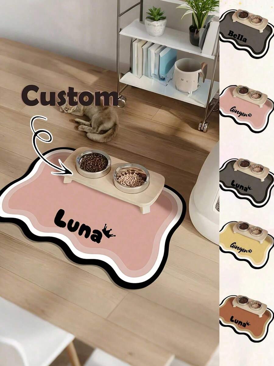 Customizable Quick-Drying Pet Feeding Mat, Printable Pet Name - Splash-Proof, Absorbent, Easy-Clean Design, Paw Print Pattern, Suitable For Cats And Dogs, Washable, Perfect Gift For Pet Owners. Pet Feeding Mat, Pet Food Mat, Fun Design - Multicolor - View 1