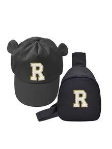 1-3Y Toddler 2Pcs A-Z Letter Pink Set, Bear Ear Adjustable Baseball Cap & Mini Chest Bag, Sun Protection Travel Combo For Baby Girls - Black - View 8