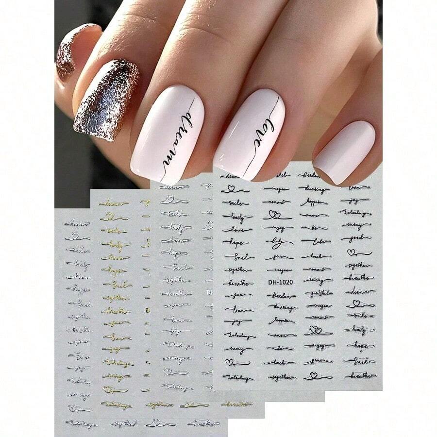 4pcs Letter Nail Art Stickers, Gold, Silver, Black, White Holographic Self-Adhesive Decals, DIY Nail Art Accessories Tools, Nail Supplies Nails - 彩色 - 查看 1