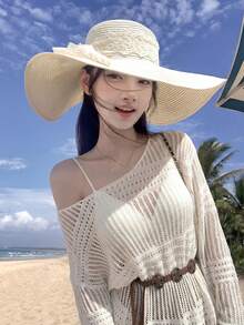 Áo croptop dệt kim thưa, khoét lỗ, trễ vai, eo thắt, dài ngang gối, mỏng nhẹ, xuyên thấu, chống nắng, thích hợp cho mùa xuân/hè. - Màu be - Xem 2