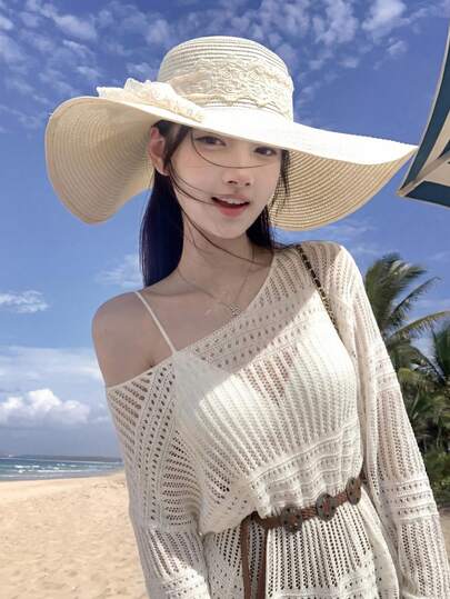 宽松针织镂空露肩短款上衣，收腰设计，中长款，轻薄透气，防晒，春夏款