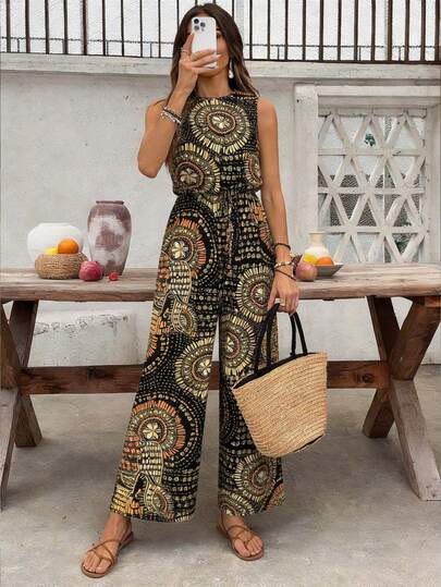 Mono holgado de punto estampado para mujer KeKe Bloomly, ideal para vacaciones y días festivos, versátil y de moda, el talla grande vendido de la temporada elegante de verano