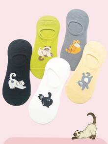 1/3/5双装可爱卡通猫咪印花短袜，透气防滑浅口女款短袜，百搭夏季款式 - 彩色 - 查看 5