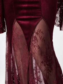ROMWE EDITION Women's Vintage Palace Romantic Gothic Velvet Contrast Lace Skirt - 勃根地 - 查看 8