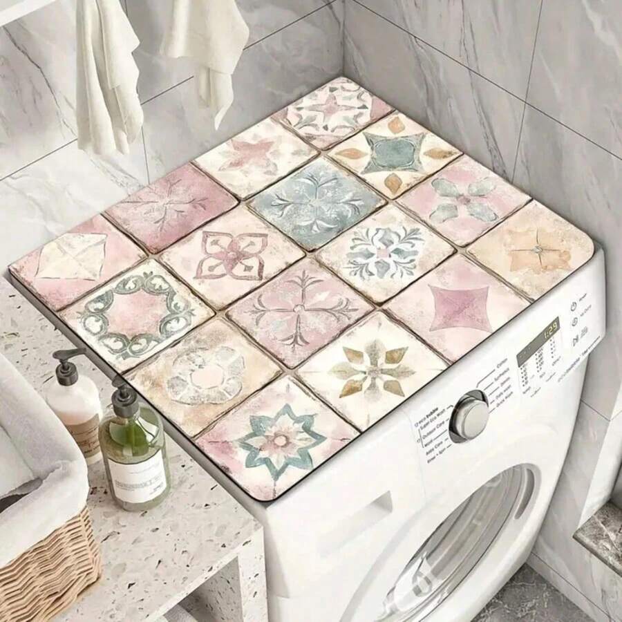 1pc Bohemian Style Quick-Dry Water-Absorbent Washing Machine Dust Cover, Pink With Colorful Tile Pattern, Non-Slip, Fits Most Standard Washing Machines, Suitable For Home, Kitchen, Party, Wedding, Restaurant Decor - Multicolor - View 1