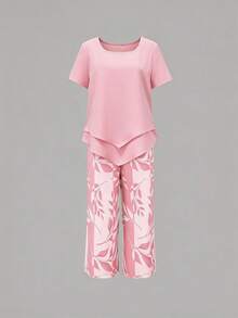 Women's Summer  Pink Leaf Print 2 Piece Outfit, Lightweight Breathable Asymmetrical Hem Short Sleeve Top & Capri Pants Set For Daily & Vacation Wear,Women's Sports Suit,Sportswear,2 Piece Sets Woman,Two Piece Set Women,Summer Outfits For Women,Summer Clothes,Beachwear,Vacation Outfits Women,Vacation Essentials - Hồng - Xem 2