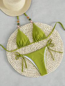 Bộ bikini hai mảnh màu xanh lá cây phong cách Bohemian - Trang trí đính cườm thủ công | Đồ bơi đi biển dành cho nữ - màu xanh lá - Xem 4