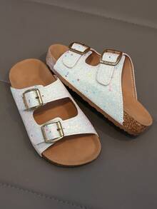 Sandales à glissière pailletées pour enfants - Dessus en faux daim et semelle en liège doux, confortables pour l'intérieur et l'extérieur - Argent - Voir 4
