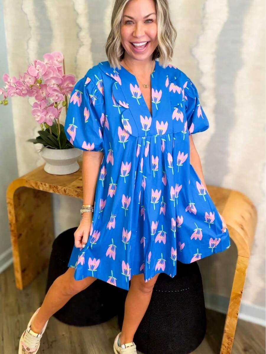 Women's Short Floral Smock Dress With Bishop Sleeves, Cute Boho Style Deep V Neck Flared Hem Short Dress, Casual Woven Fabric Sundress - 藍色 - 查看 1