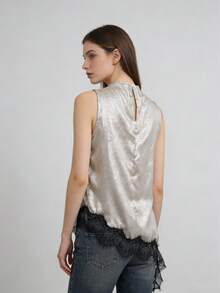 Elegant Minimalist Black Lace High Collar Blouse For Women, Suitable For Daily Wear, Work, Dates And Other Occasions Summer - Champagne - View 6