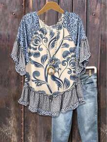 Women's Leopard & Floral Print Ruffle Sleeve Blouse - V-Neck Button- Shirt With Ruffled Hem-Like Collar, 7/8 Length Non-Stretch Top For Spring Summer Fall, Casual & Dressy Wear (Leopard & Botanical Patterns) - Hand Wash/Dry Clean - Xanh 2 - Xem 2