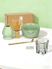 5/4件套抹茶套装，竹制茶筅、带嘴茶碗、量勺、茶筅架、茶筛，完整抹茶茶具套装（浅绿色） - 彩色 - 查看 1