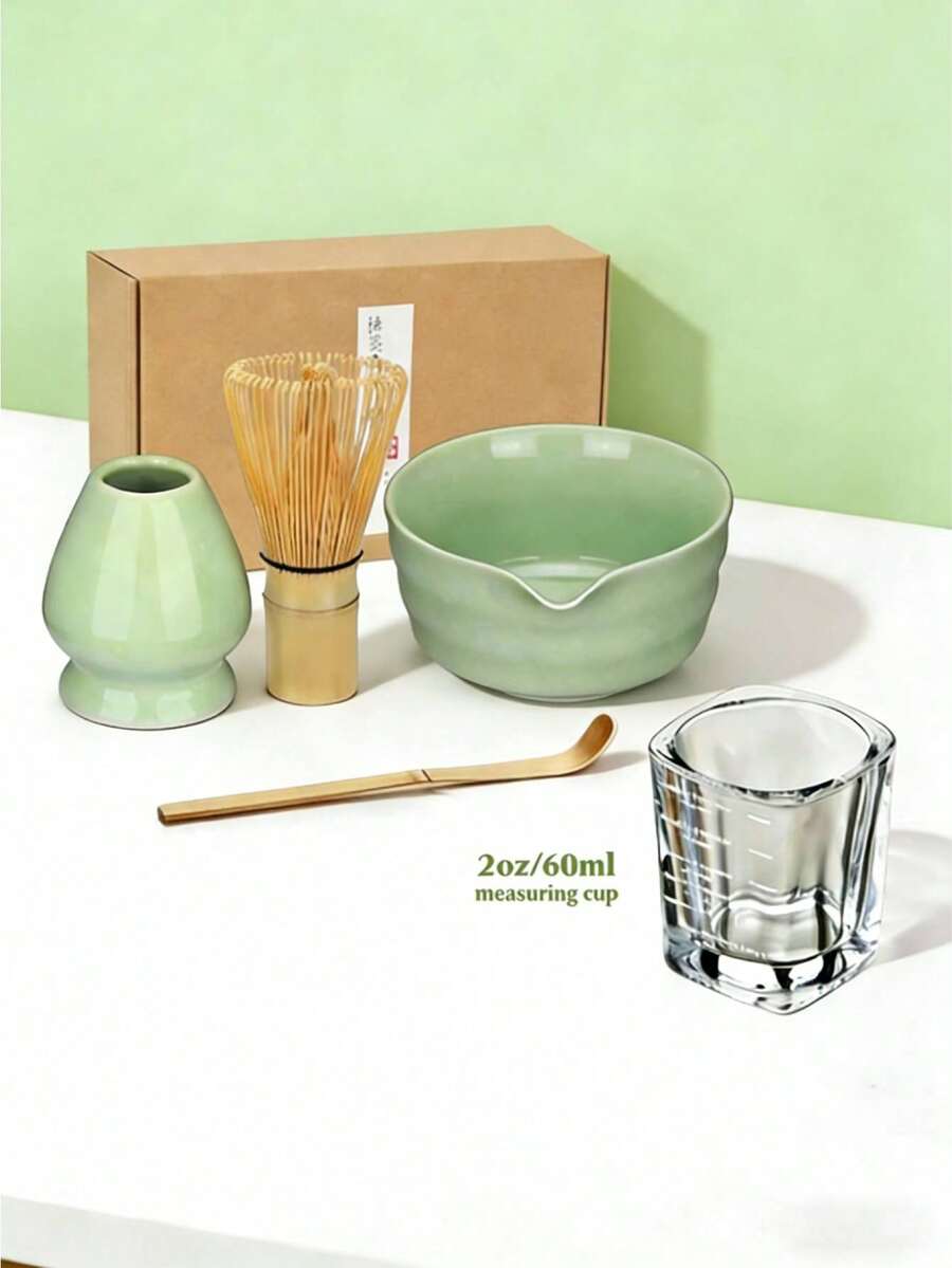 5/4件套抹茶套装，竹制茶筅、带嘴茶碗、量勺、茶筅架、茶筛，完整抹茶茶具套装（浅绿色） - 彩色 - 查看 1