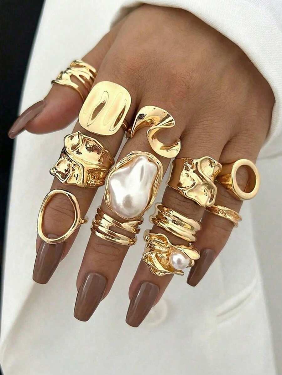 Bộ 12 chiếc nhẫn đính hạt màu trắng sáng bóng, phong cách đường phố tối giản, lấy cảm hứng từ đồng xu cổ điển, làm từ kim loại trơn, hình chữ thập bất đối xứng, thích hợp cho tiệc tùng, ngày lễ, làm quà tặng và đeo hàng ngày. - Vàng - Xem 1