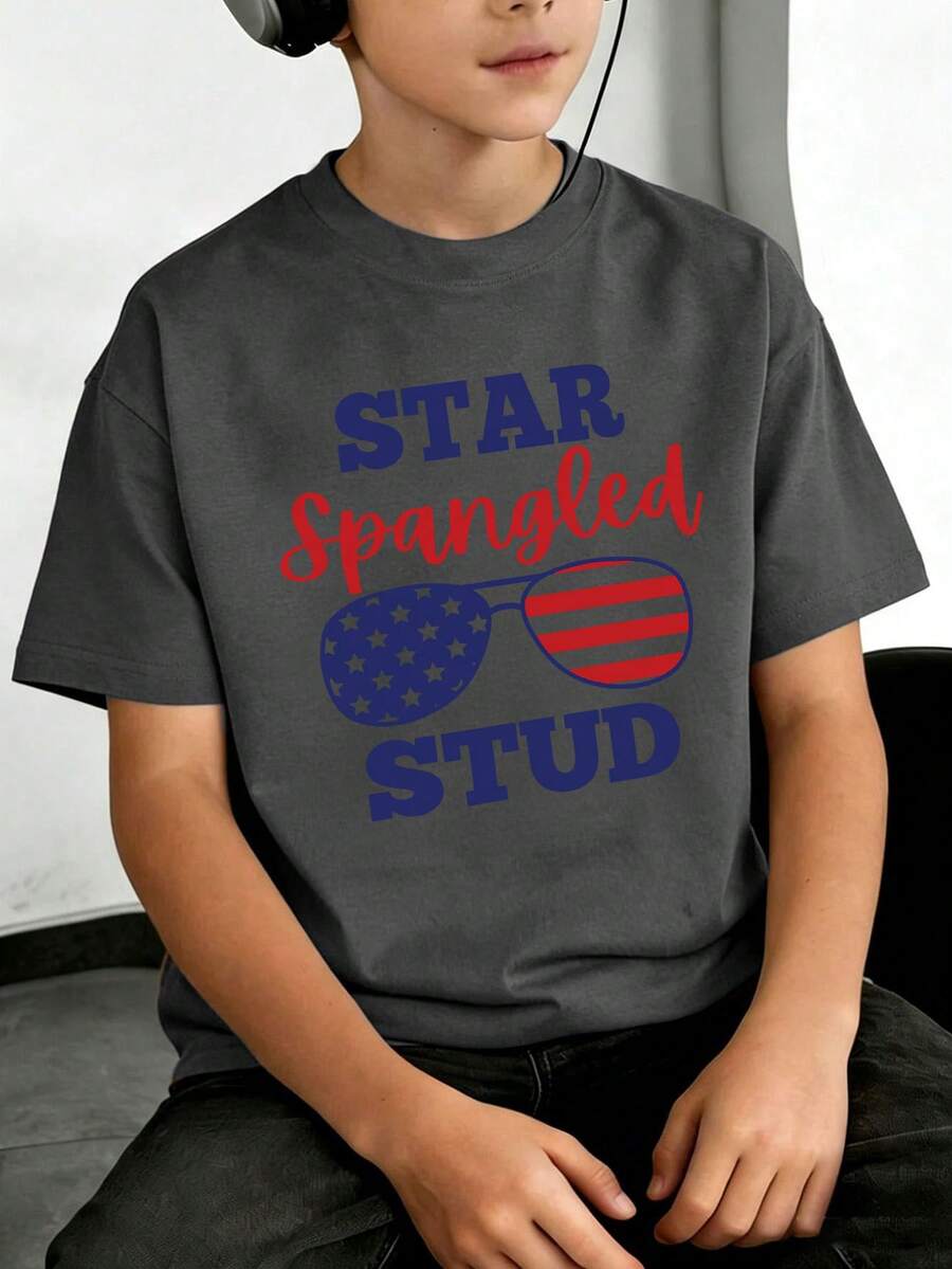 Tween Boy Casual Funny Print Crew Neck Short Sleeve T-Shirt, Summer Top - Dark Grey - View 1