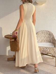 Vestido elegante de mujer Unadoll con cuello redondo, sin mangas, cremallera en la espalda, diseño plisado en el bajo, adecuado para vacaciones, citas, cumpleaños, fiestas y uso en primavera y verano - Albaricoque - Ver 2