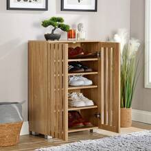 2 Door Wooden Shoe Storage Cabinet Rack Stand, Slatted Cupboard, Oak Effect - Oak - View 10