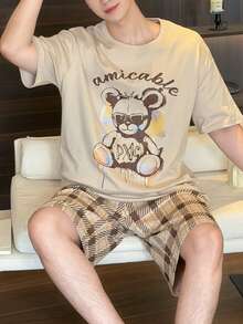 男士熊纹格子短裤睡衣套装（2件套），休闲睡衣 - 杏色 - 查看 4