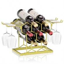 B4Life - Estante de vino para encimera 8 botellas de metal moderno pequeño soporte para botellas de vino de mesa de 3 niveles para gabinete despensa estantes de vino para encimera - Dorado - Ver 2