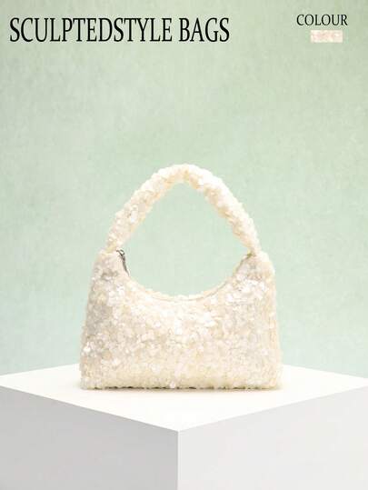 1pc Elegant Champagne Sequin Sparkling Crescent Moon Handbag, Minimalist Socialite Style Clutch Bag For Formal Dress, Wedding, Bridesmaid, Party