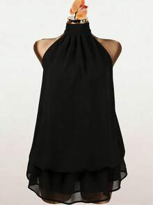 Vestido corto con tirantes finos y fluido de color amarillo sexy, vestido mini con cuello alto de malla sin mangas lindo para fiesta, Día de San Valentín, verano negro - Negro - Ver 4