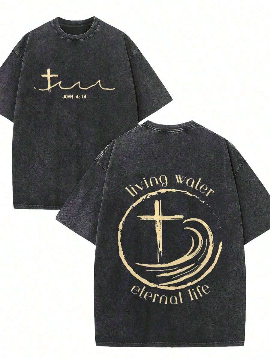 100% Cotton Men'S Christian Faith T-Shirt - Beige/ With Golden Cross & Waves Graphic - Soft Washed Cotton Religious Apparel - Everyday & Special Occasion Shirt - Breathable Summer Tee For Church, Casual Outfits - Faith-Based Clothing, Church Clothes, Streetwear Fashion, Streetwear, Comfortable Fit100% Cotton Round Neck Women's T-Shirt - Unisex Women's & Men's Campus Daily Wear - 黑色 - 查看 1