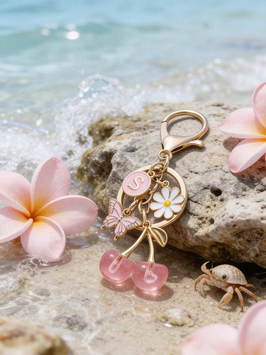 1个粉色樱花蝴蝶钥匙扣，带有A-Z字母、花朵和蝴蝶吊坠，圆形环扣，适用于女士包包/钱包/车钥匙 - 生日/圣诞节/周年纪念礼物（Ized字母钥匙圈） - 彩色 - 查看 1