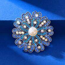 1pc Elegant Blue Flower Faux Pearl Rhinestone Alloy Brooch, Versatile Women Clothing Accessory - Imitation Pearl and Diamond-encrusted Blue Flower Brooch - View 6
