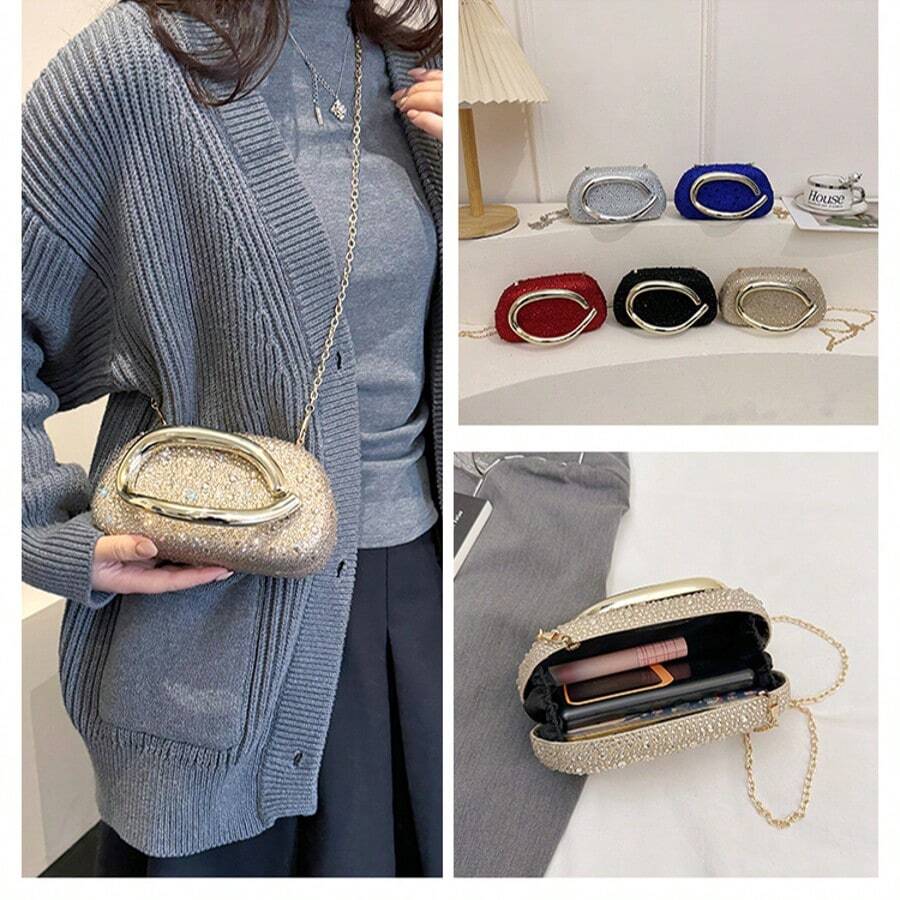 1pc Fully Rhinestoned Evening Bag, Luxury High-End Style, C-Shaped Handle Design, Party & Banquet Crossbody Bag For Women - Multicolor - View 1