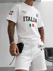 男士休闲T恤短裤套装，透气夏季套装，弹性腰带设计，意大利风格，融合意大利元素，展现时尚与地域风情。简约设计，打造时尚造型。 - 彩色 - 查看 1