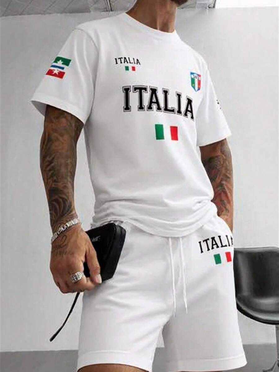 男士休闲T恤短裤套装，透气夏季套装，弹性腰带设计，意大利风格，融合意大利元素，展现时尚与地域风情。简约设计，打造时尚造型。 - 彩色 - 查看 1