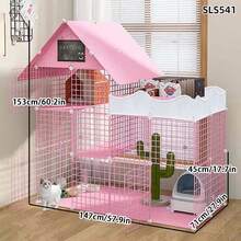 Extra Large Indoor Cat Cage Villa With Storage Cabinet And Litter Box, Spacious Freedom For Pet Cats - Multicolor - View 2
