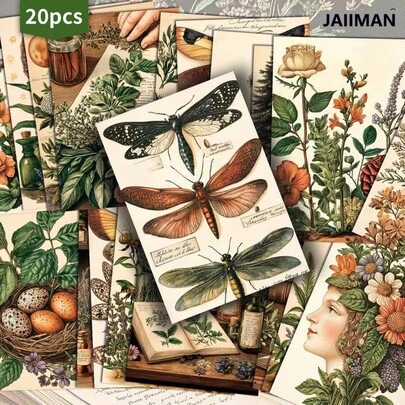 JAIIMAN 20-Pack Insects, Plants, Herbs, Medicine Gift Cards - 10.16x15.24 Cm Retro Junk Journal Paper, Classic Pinup Illustrations, Collectible Decorative Painting Cards For Scrapbooking & Crafting.