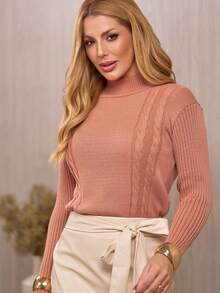 Women's Knitted Sweater With Braided Detail, High Neck, Long Sleeves, For Winter. Women's Winter Sweaters, Casual Everyday Wear, Elegant Women's Sweaters. - Khỏa thân - Xem 2