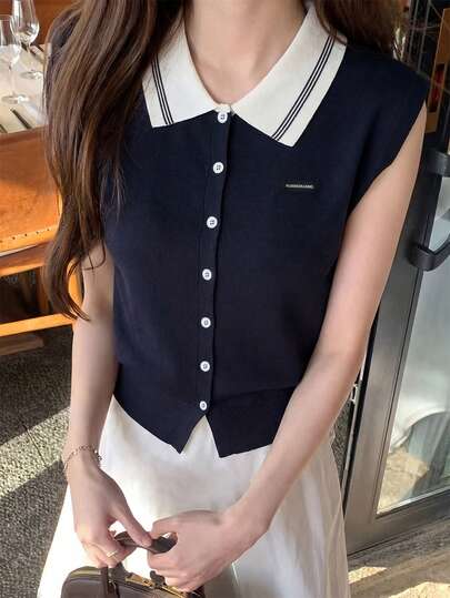 藏蓝色撞色领无袖针织开衫，休闲韩版Polo领真丝混纺上衣，女士夏季