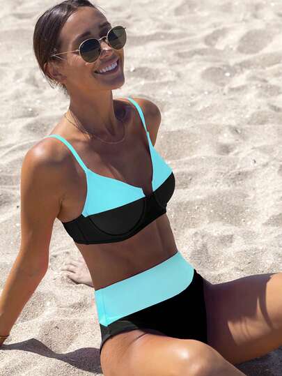 popvil Bộ bikini phối màu dành cho nữ, áo ngực có gọng, kiểu dáng cạp cao.