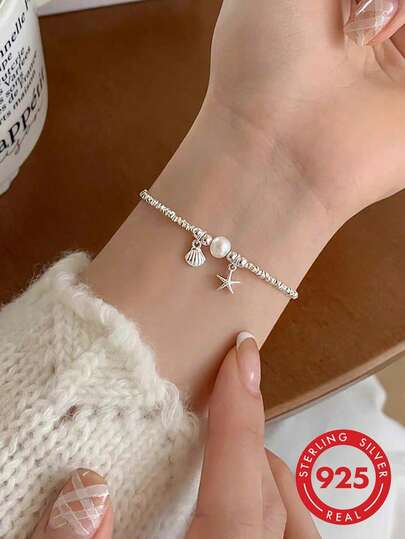 1 pieza Brazalete de plata plateada con perla falsa en forma de estrella de mar y concha, plata de ley 925, regalo de joyería para mujer, regalo de fiesta, regalo de cumpleaños, uso diario